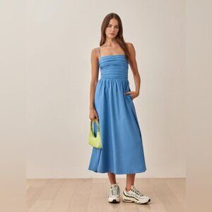 NEW Reformation Lissa Cotton Midi Dress Azure Blue Removable Strap | US 2 UK 6